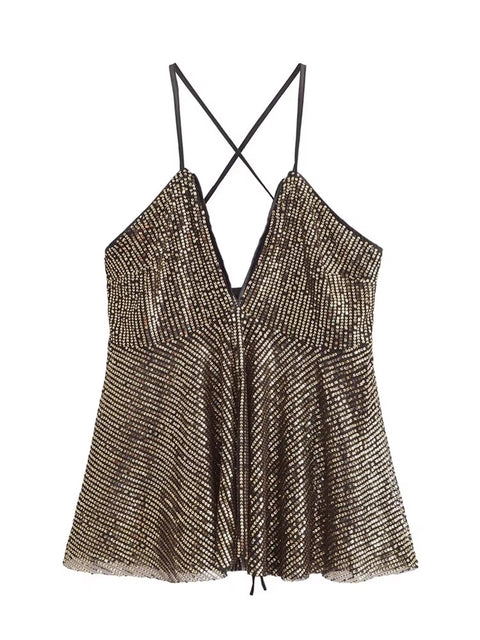 New Fashion Chic Deep V Neck Sequined Design Sling Top CODE: KAR4419