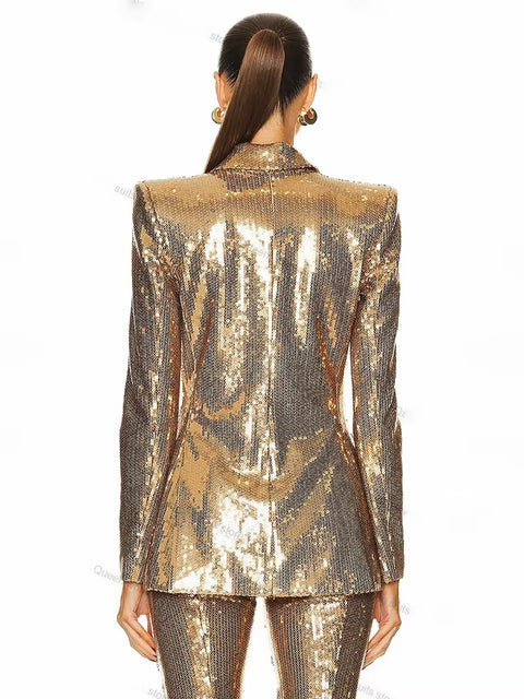 Fashionable Gold Sequin Suit Jacket And Pants Set CODE: KAR4434