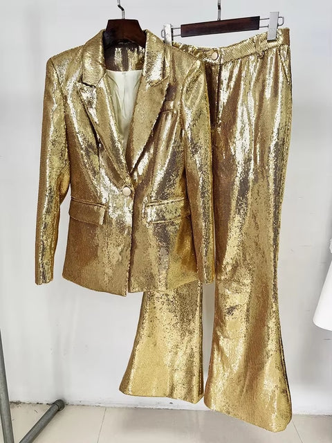 Fashionable Gold Sequin Suit Jacket And Pants Set CODE: KAR4434
