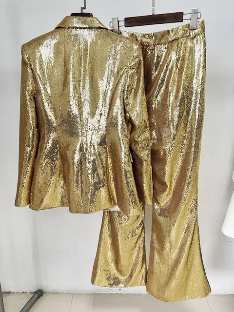 Fashionable Gold Sequin Suit Jacket And Pants Set CODE: KAR4434