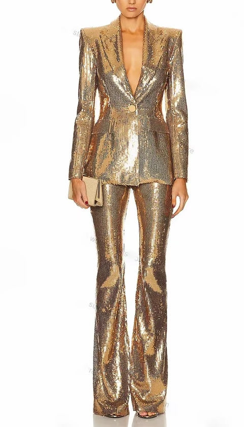 Fashionable Gold Sequin Suit Jacket And Pants Set CODE: KAR4434