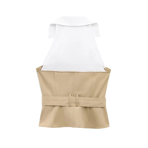 New Patchwork Halter Sleeveless Shirt Office Lady With Belt Slim Short Blouse Top CODE: KAR4706