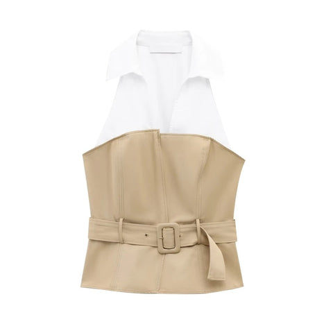 New Patchwork Halter Sleeveless Shirt Office Lady With Belt Slim Short Blouse Top CODE: KAR4706