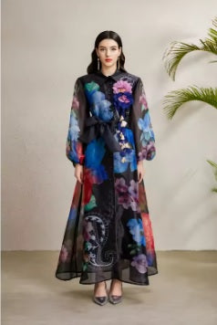 New Lapel Single Breasted Mesh Flower Print High Waist Belt Long Dress CODE: KAR4742