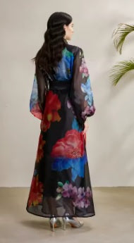 New Lapel Single Breasted Mesh Flower Print High Waist Belt Long Dress CODE: KAR4742