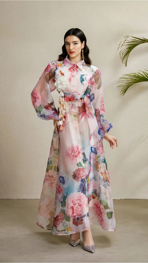 New Lapel Single Breasted Mesh Flower Print High Waist Belt Long Dress CODE: KAR4742