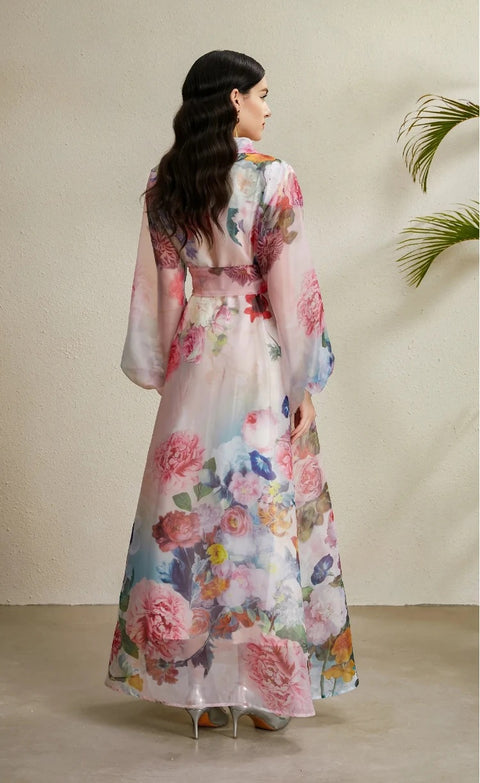 New Lapel Single Breasted Mesh Flower Print High Waist Belt Long Dress CODE: KAR4742