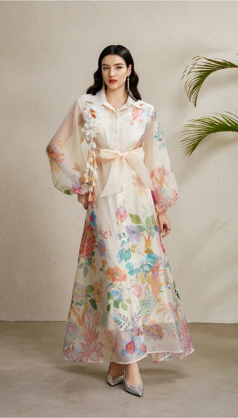 New Lapel Single Breasted Mesh Flower Print High Waist Belt Long Dress CODE: KAR4742