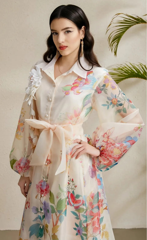 New Lapel Single Breasted Mesh Flower Print High Waist Belt Long Dress CODE: KAR4742