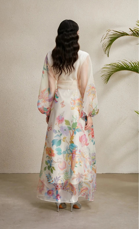New Lapel Single Breasted Mesh Flower Print High Waist Belt Long Dress CODE: KAR4742