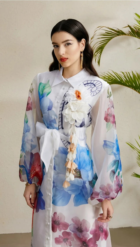 New Lapel Single Breasted Mesh Flower Print High Waist Belt Long Dress CODE: KAR4742
