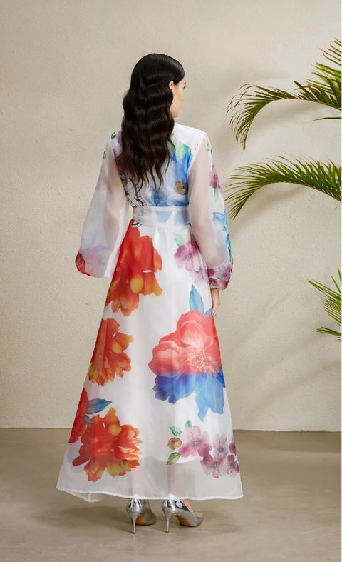 New Lapel Single Breasted Mesh Flower Print High Waist Belt Long Dress CODE: KAR4742