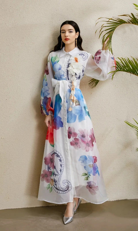New Lapel Single Breasted Mesh Flower Print High Waist Belt Long Dress CODE: KAR4742