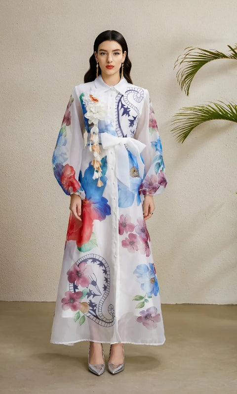New Lapel Single Breasted Mesh Flower Print High Waist Belt Long Dress CODE: KAR4742