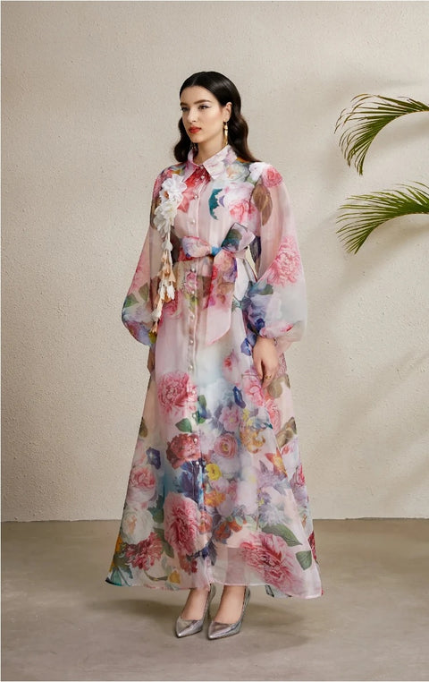 New Lapel Single Breasted Mesh Flower Print High Waist Belt Long Dress CODE: KAR4742