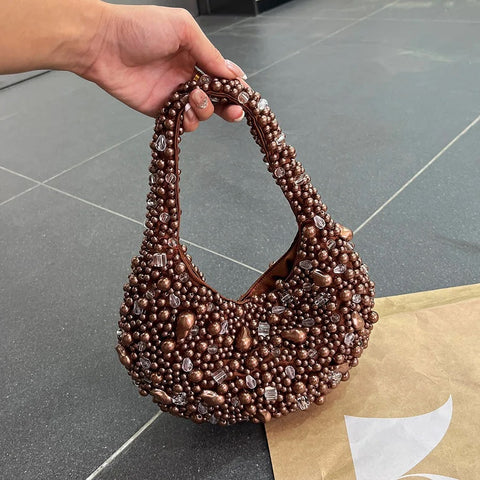 New Half Moon Pearl Bead Bag Tassel Bucket Handbag CODE: KAR4779