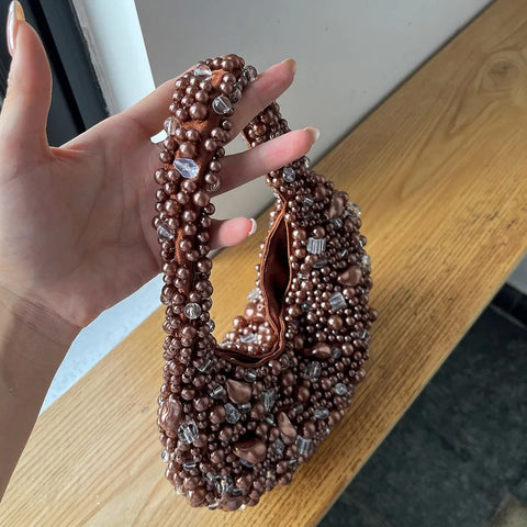 New Half Moon Pearl Bead Bag Tassel Bucket Handbag CODE: KAR4779