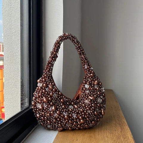 New Half Moon Pearl Bead Bag Tassel Bucket Handbag CODE: KAR4779