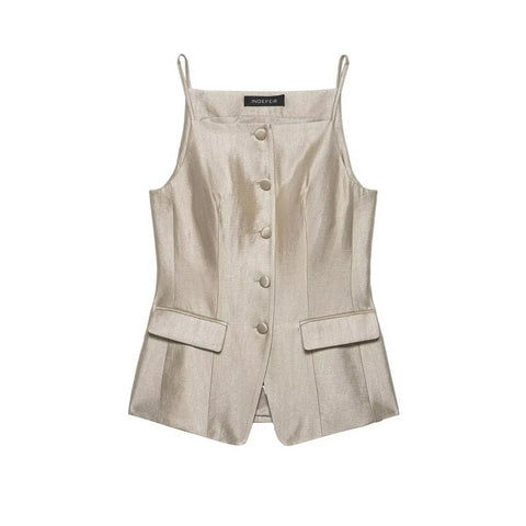 Slim Top Vest+Spring Elegant Pockets High Waist Straight Leg Pants Solid 2 Piece Set CODE: KAR4790