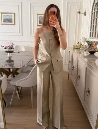 Slim Top Vest+Spring Elegant Pockets High Waist Straight Leg Pants Solid 2 Piece Set CODE: KAR4790