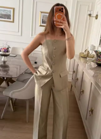 Slim Top Vest+Spring Elegant Pockets High Waist Straight Leg Pants Solid 2 Piece Set CODE: KAR4790