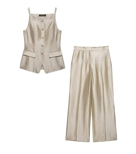 Slim Top Vest+Spring Elegant Pockets High Waist Straight Leg Pants Solid 2 Piece Set CODE: KAR4790
