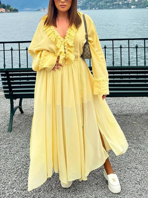 New Tiered Lace-Up Design Pleated Long Skirt Zipper Closure CODE: KAR4869