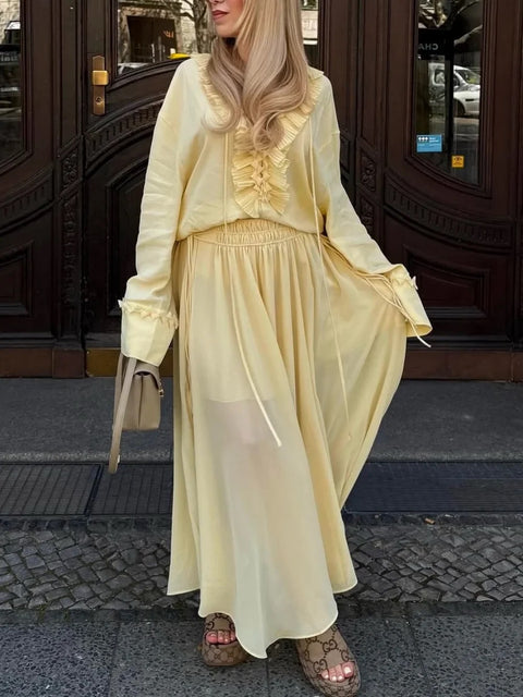 New Tiered Lace-Up Design Pleated Long Skirt Zipper Closure CODE: KAR4869