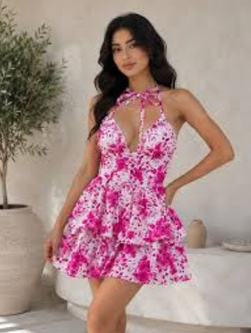 New Lace Up Halter Ruffle Rose Flower Mini Dresses CODE: KAR4982