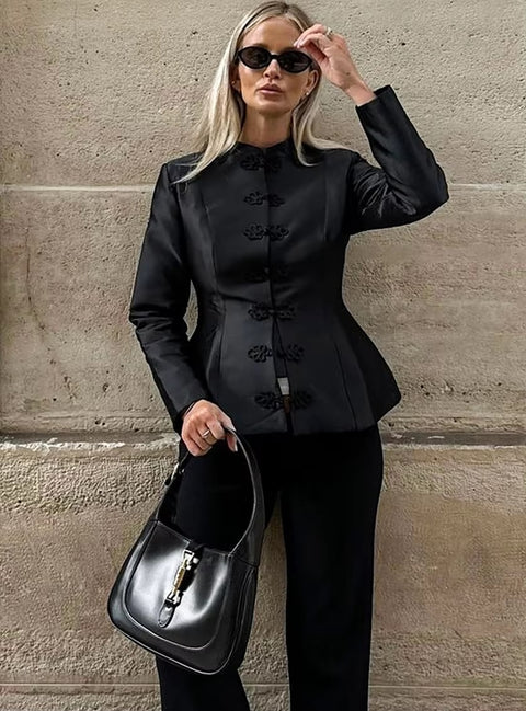 Fashion Cropped Blazer Elegant Stand Collar Frog Button Solid Coat Jacket CODE: KAR5233