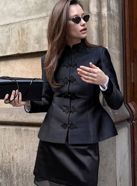 Fashion Cropped Blazer Elegant Stand Collar Frog Button Solid Coat Jacket CODE: KAR5233
