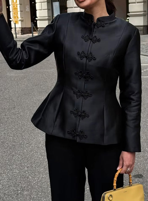 Fashion Cropped Blazer Elegant Stand Collar Frog Button Solid Coat Jacket CODE: KAR5233