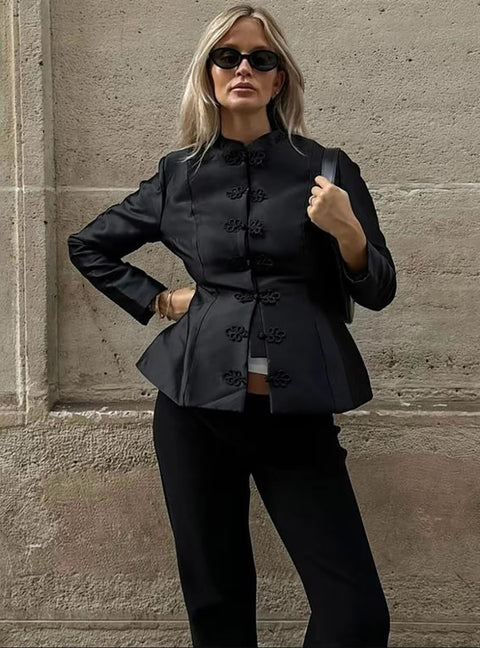 Fashion Cropped Blazer Elegant Stand Collar Frog Button Solid Coat Jacket CODE: KAR5233