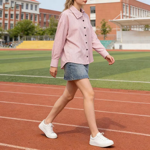New Style Pink Striped Long Sleeve High Neck Single-Breasted Loose Shirt CODE: KAR5235