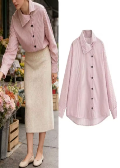 New Style Pink Striped Long Sleeve High Neck Single-Breasted Loose Shirt CODE: KAR5235