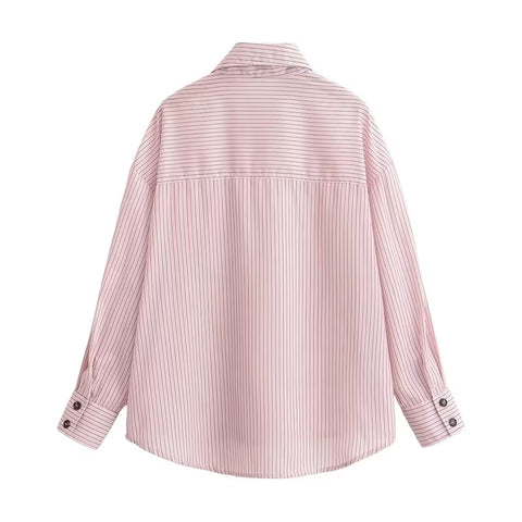 New Style Pink Striped Long Sleeve High Neck Single-Breasted Loose Shirt CODE: KAR5235
