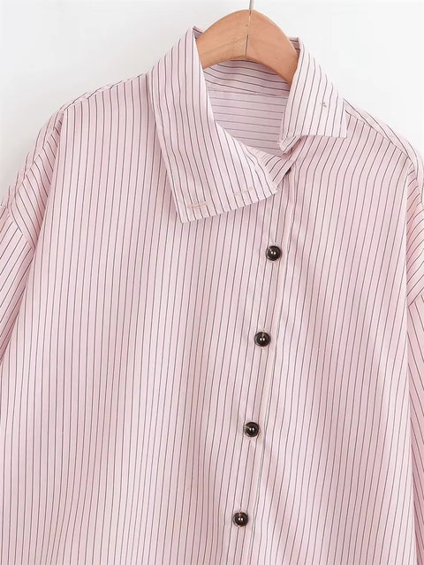 New Style Pink Striped Long Sleeve High Neck Single-Breasted Loose Shirt CODE: KAR5235
