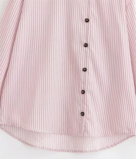 New Style Pink Striped Long Sleeve High Neck Single-Breasted Loose Shirt CODE: KAR5235