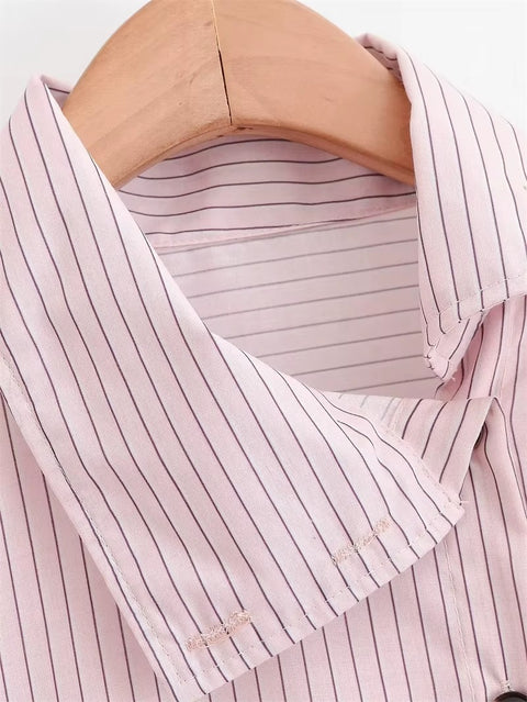 New Style Pink Striped Long Sleeve High Neck Single-Breasted Loose Shirt CODE: KAR5235
