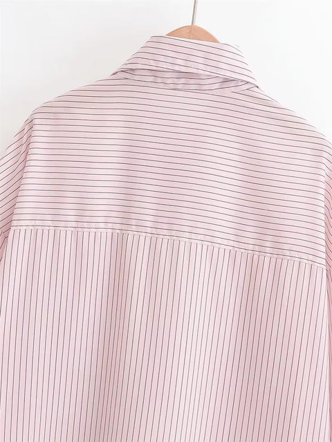 New Style Pink Striped Long Sleeve High Neck Single-Breasted Loose Shirt CODE: KAR5235