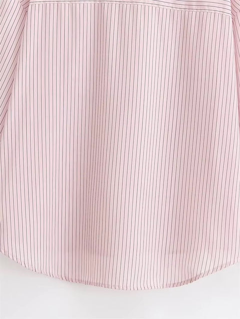 New Style Pink Striped Long Sleeve High Neck Single-Breasted Loose Shirt CODE: KAR5235
