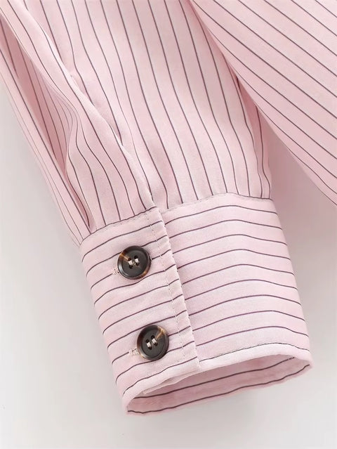 New Style Pink Striped Long Sleeve High Neck Single-Breasted Loose Shirt CODE: KAR5235