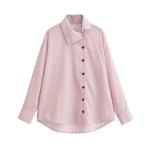New Style Pink Striped Long Sleeve High Neck Single-Breasted Loose Shirt CODE: KAR5235