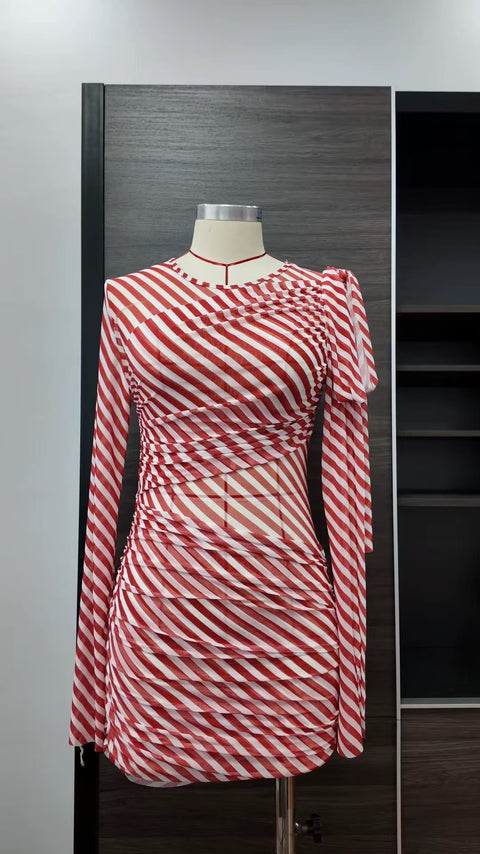 Summer Beach Skirt with Stripes, Pleated, Fitted, Long Sleeves and Tulle Short Dress CODE: KAR5249