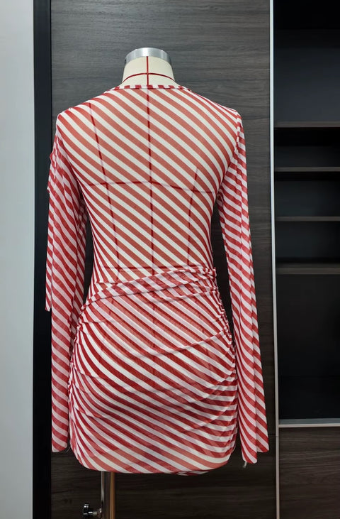 Summer Beach Skirt with Stripes, Pleated, Fitted, Long Sleeves and Tulle Short Dress CODE: KAR5249