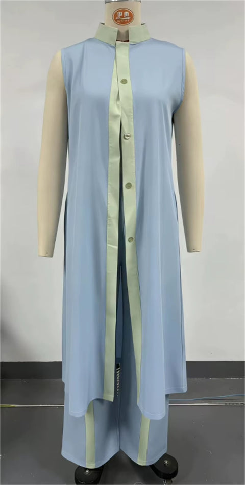 New Contrast Sleeveless Long Shirt + Wide Leg Pants Set CODE: KAR5281