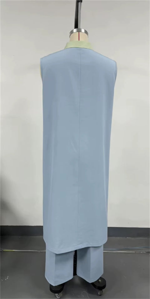 New Contrast Sleeveless Long Shirt + Wide Leg Pants Set CODE: KAR5281