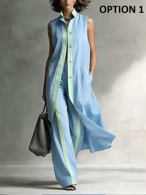 New Contrast Sleeveless Long Shirt + Wide Leg Pants Set CODE: KAR5281