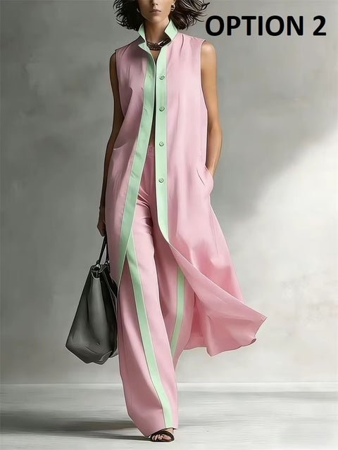 New Contrast Sleeveless Long Shirt + Wide Leg Pants Set CODE: KAR5281