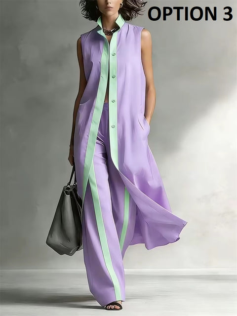 New Contrast Sleeveless Long Shirt + Wide Leg Pants Set CODE: KAR5281